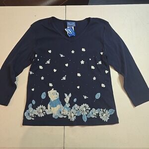 Disney Jerry Leigh Womens Large Winnie the Pooh Piglet Graphic Tee V-Neck Blue‎